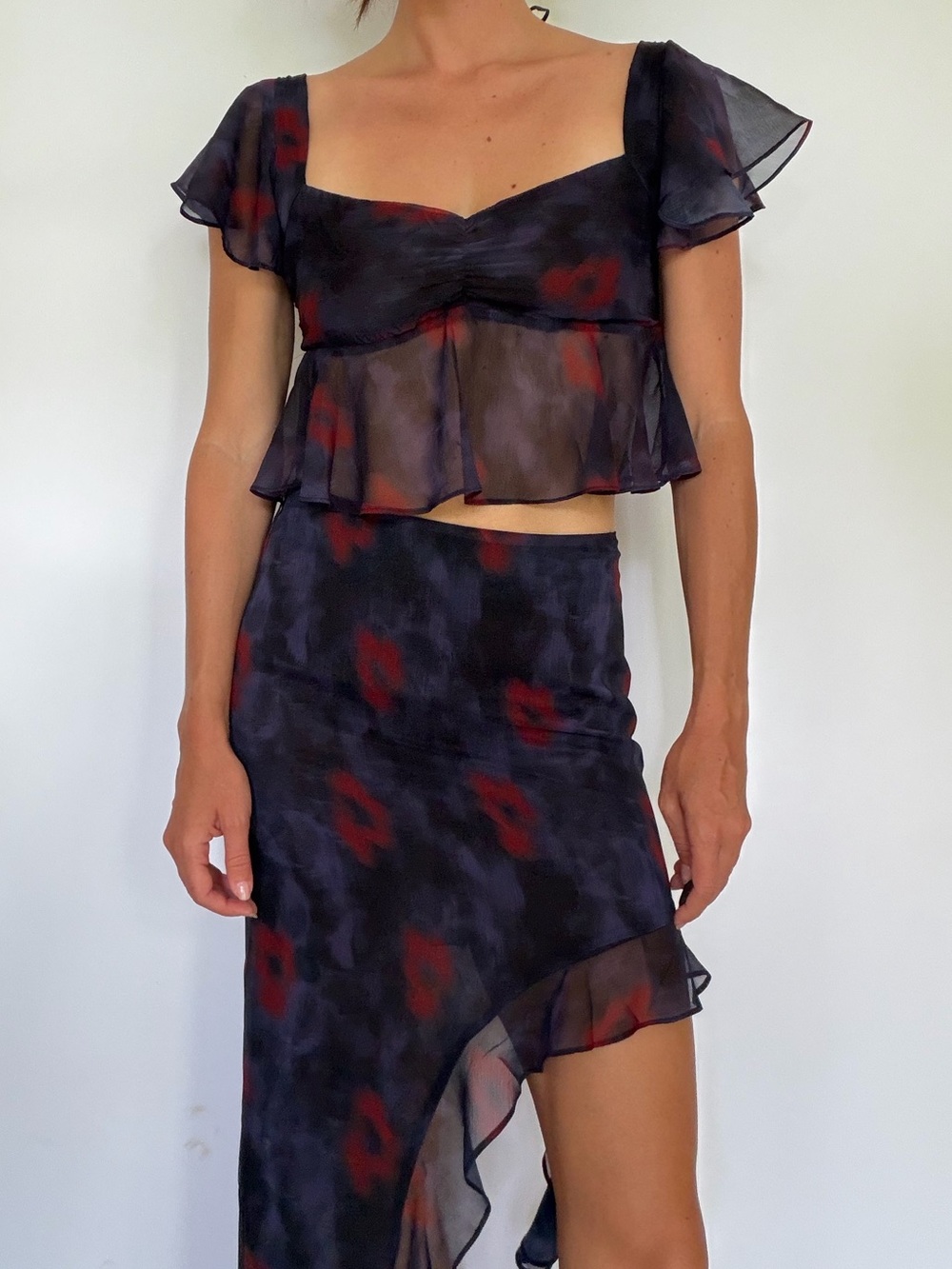 Princess Polly Black Sheer Asymmetrical Ruffle Skirt set with Red Accents